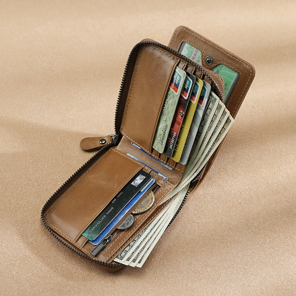 Men Portable Short PU Leather Wallet Full Zipper Around Multi Compartment Card Holder Coin Purse for Driver License Cash