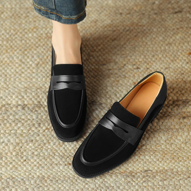 NEW Spring/Autumn Women Loafers Round Toe Chunky Heel Shoes Sheep Suede Leather Shoes for Women Slip-on Plus Size Women Pumps