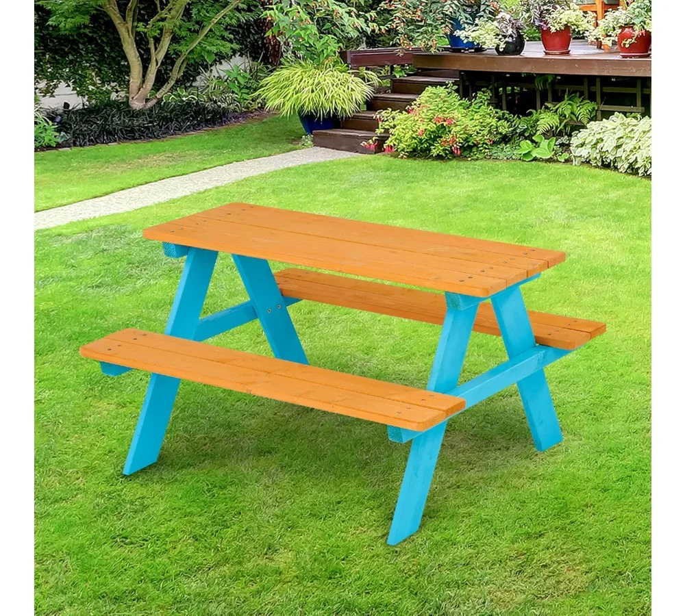 مجموعة طاولات ومقاعد خشبية للنزهات الخارجية للأطفال - صنوبر متين، سهل التجميع، لون مائي ممتع