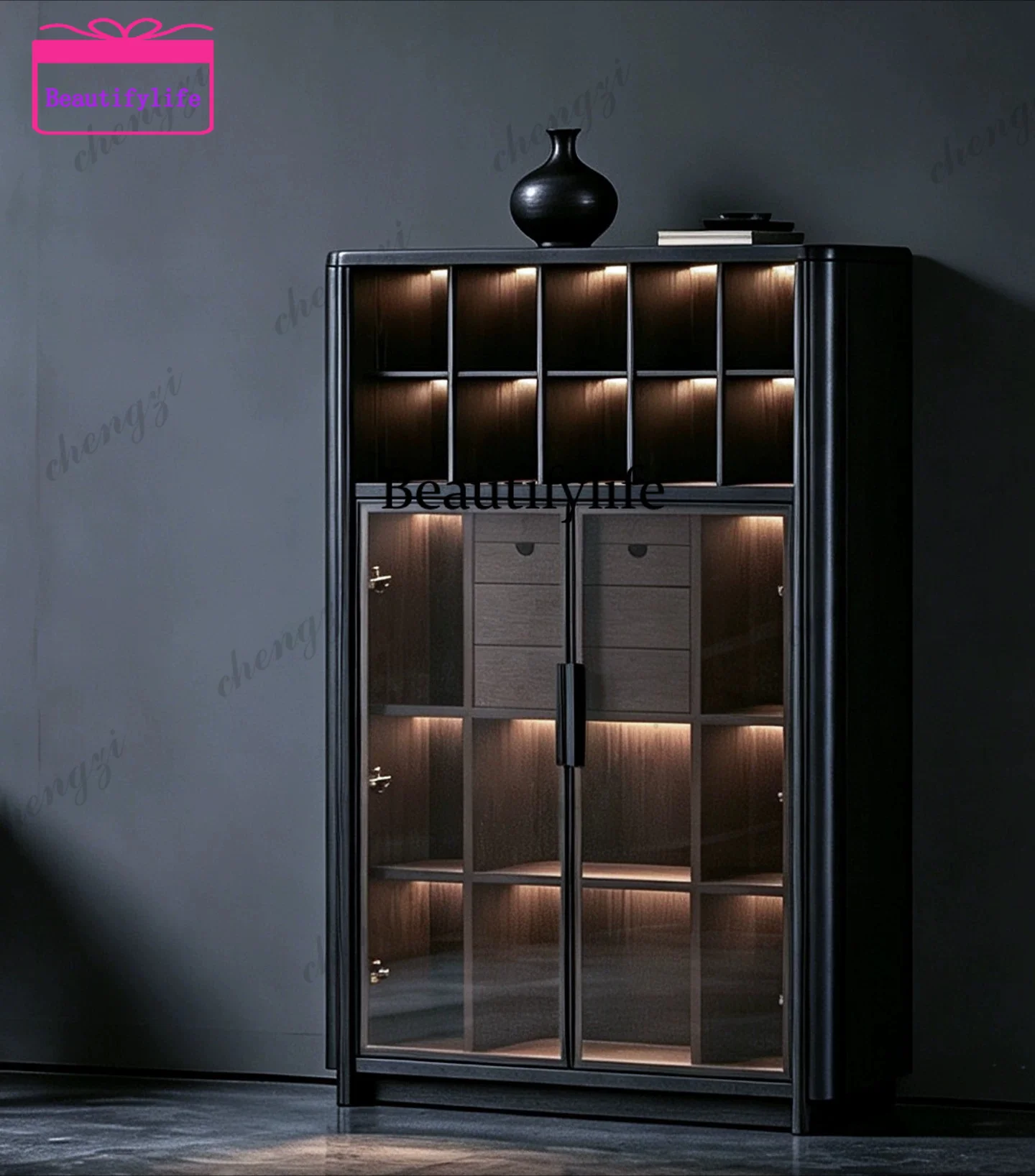 a55 Italian minimalist solid wood bookcase glass door floor-to-ceiling display cabinet modern combination locker with lamp