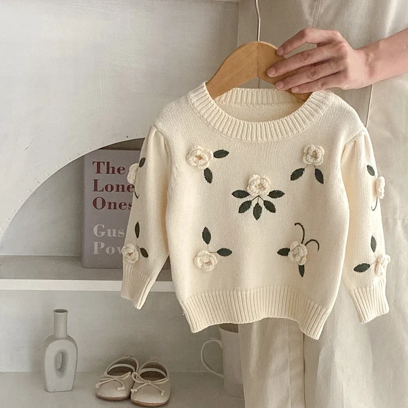 Kids Sweaters Autumn Sweaters Newborn Infant Knit Wear Embroidered Flowers Toddler Knitting Pullovers Tops Baby Girl Sweaters