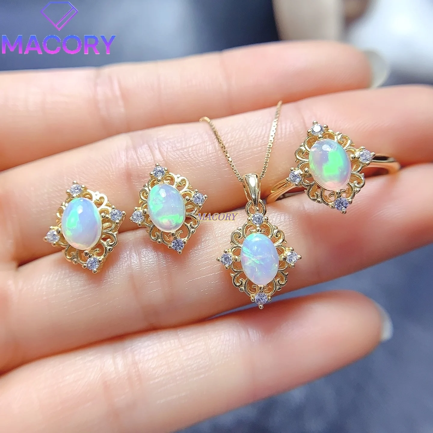 

Sterling Silver 925 Women's 3 Piece Natural Opal Set Ring Necklace Stud Earrings 5×7mm New Fashion Jewelry with Certificate
