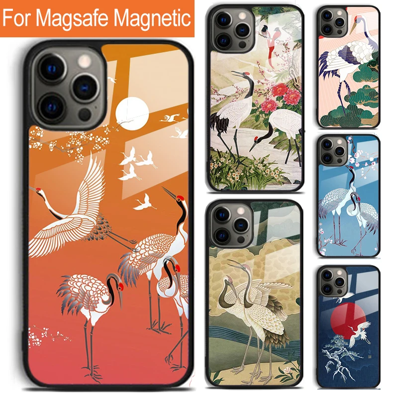 Red-crowned Crane Bird Phone Case For iPhone 16 15 14 13 12 11 Pro Max Plus Magsafe Magnetic Wireless Charging Cover