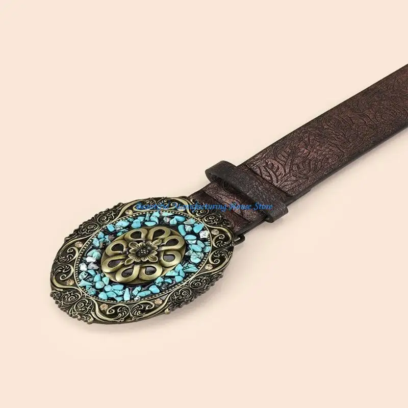 

E56A Embossed Western Belt Cowboy Belt Engraved Belt White Stone Vintage Buckle Belt