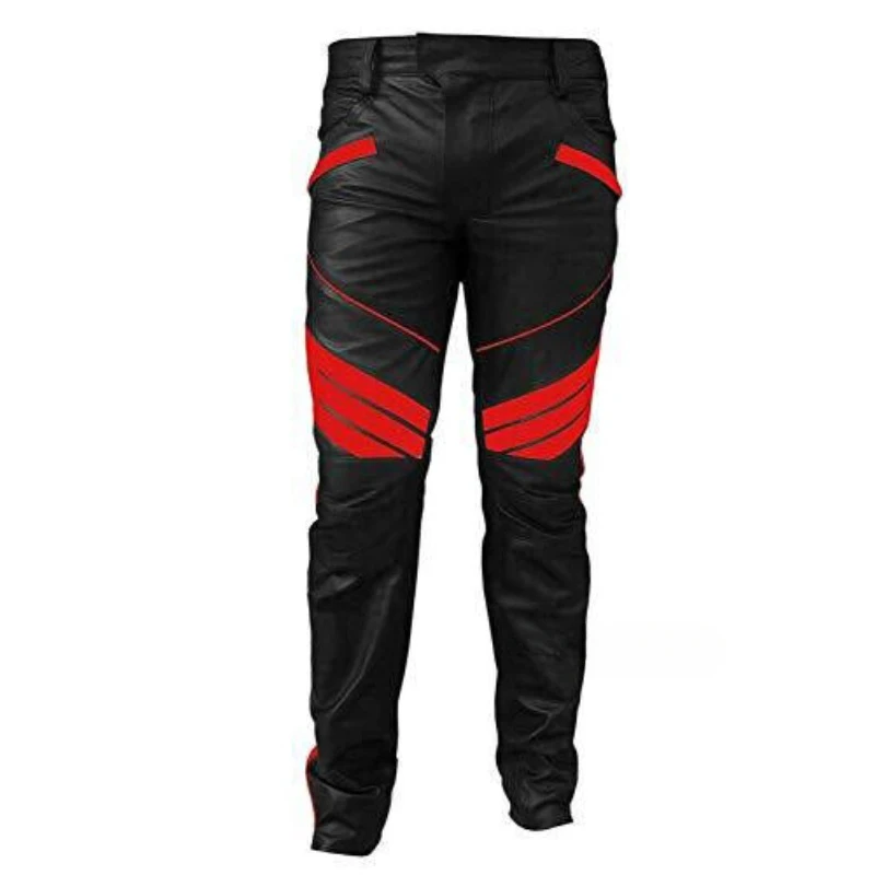 

Basic Men Outdoor Wear Genuine NAPA Natural Leather Pant Red Stripped Jeans