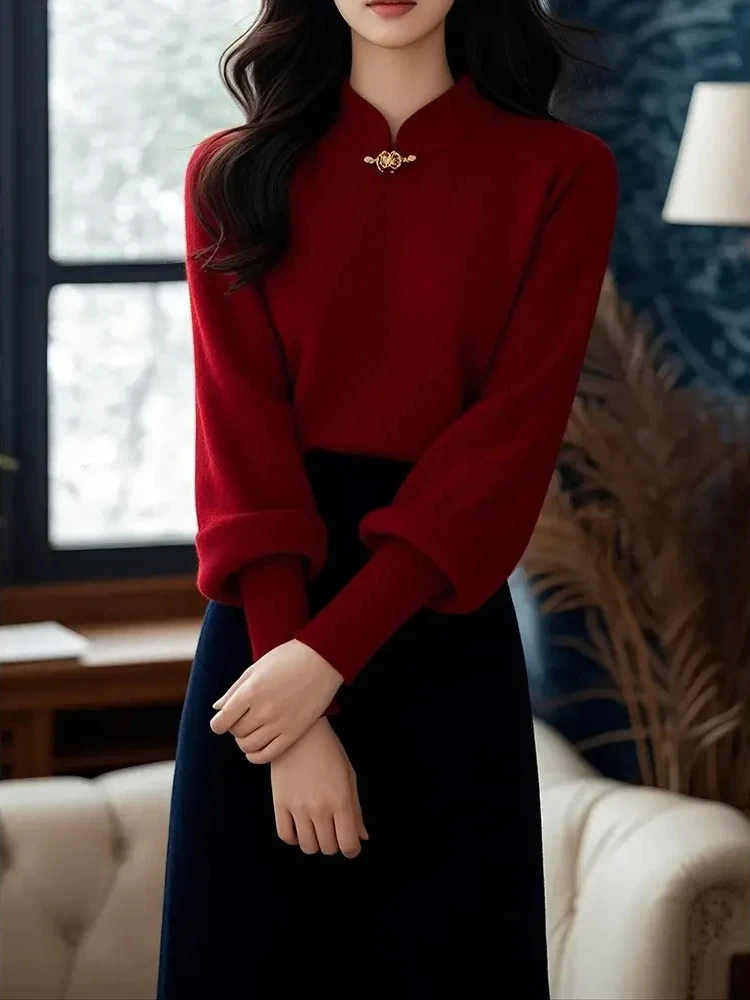 

Red Long Sve Knitted Sweater Chinese Sle Street Faion Premium Quali Crew Ne Pullover High End Design for Women