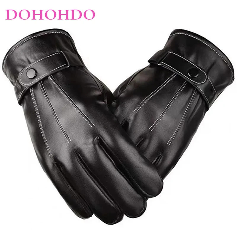 

Autumn Winter Leather Touch-screen Gloves Plus Velvet Warm Cycling Driving Outdoor Gloves Men Driving Black Gloves Guantes Moto