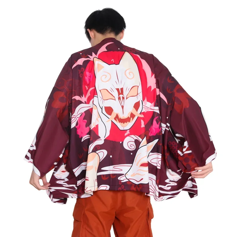 Samurai Kimono Yukata for Men Fox Print Harajuku Cardigan Japanese Traditional Haori Kimono Women Lover's Clothes L Size