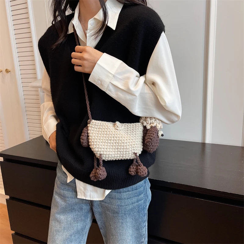 Handmade Woven Bag For Women Woolen Shoulder Crossbody Bag Cute Knitted Cartoon Bag Young Girl Crochet Doll Mobile Phone Bag