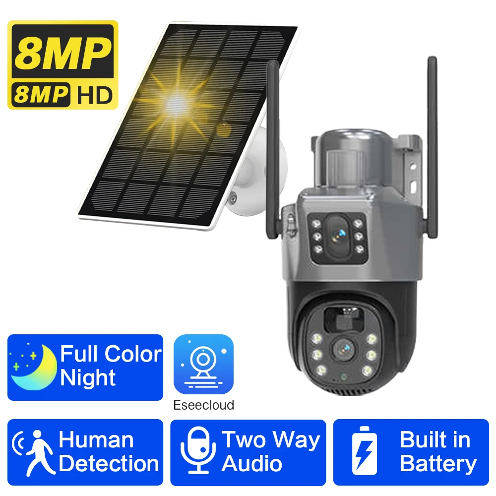

4K Wifi Solar IP Security Camera Dual Lens Dual Screen Outdoor Waterproof Auto Tracking PTZ Wireless CCTV Surveillance Cam 8MP