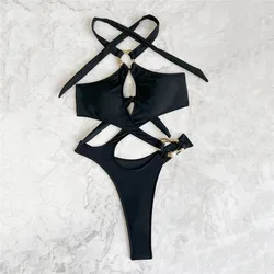 Solid Black Halter Backless Swimwear Woman 2026 One Piece Swimsuit Hollow Out Monokini Cross Bandage Metal Ring Swimming Wear