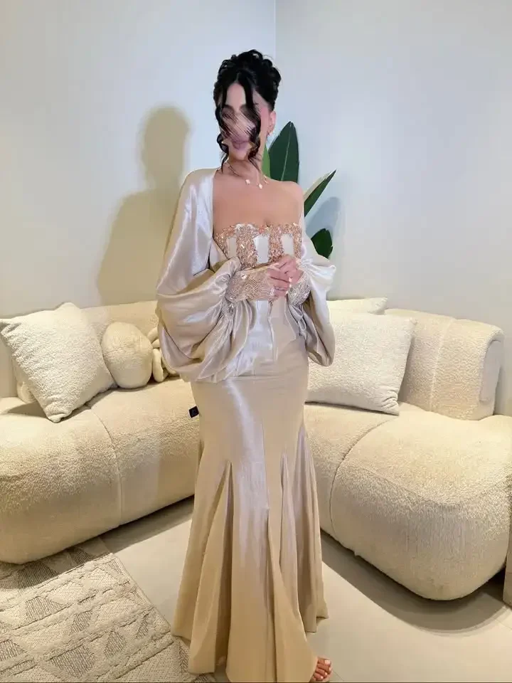 

Aunber Luxury Champagne Off-Shoulder Evening Dresses Satin Embroidered Prom Dresses Lace Puff Sleeve Mermaid Wedding Dresses