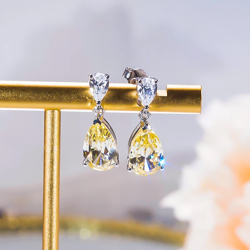 

2023 Luxury Topaz Double Water Drop Yellow Earrings For Women 100% 925 Sterling Silver Cubic Zirconia Fine Jewelry Wedding Gift