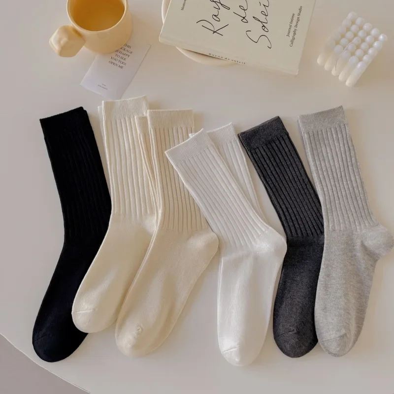 

Cotton Knitting Women Socks Japanese Style School Girls High Socks Women Korean Fashion Solid Color Black White Gray Long Socks