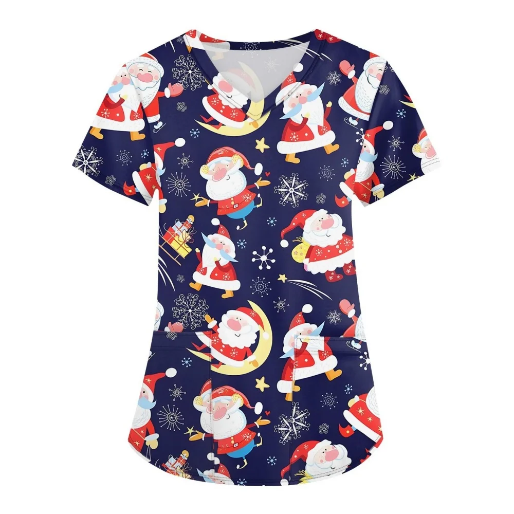 Christmas Scrubs Medical Uniforms Woman Fashion Snowman Print Summer Casual V-Neck Short Sleeve with Pockets Surgical Uniform