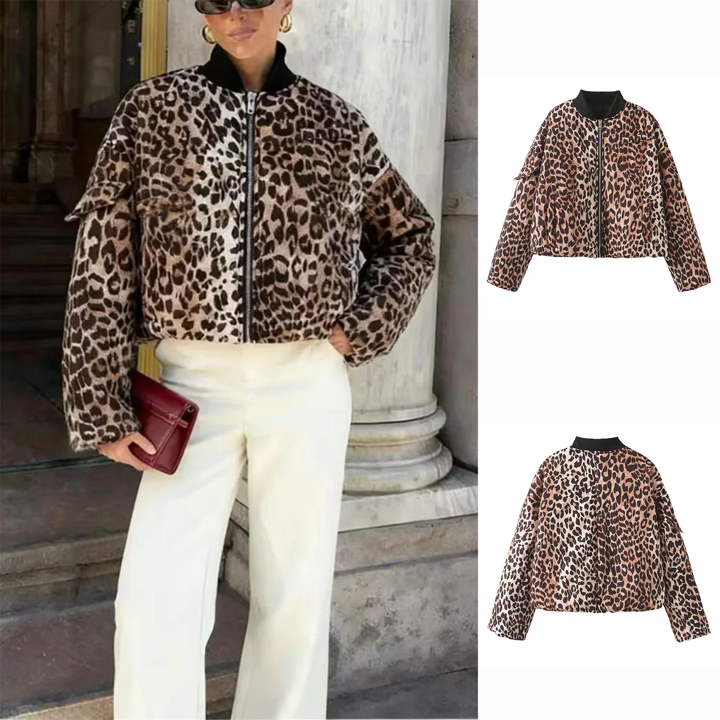 

New Autumn Women's Casual ort Jaet Cotton Coat Leopard Print Stand Collar Single Button Commute Loose Fit Long Sve