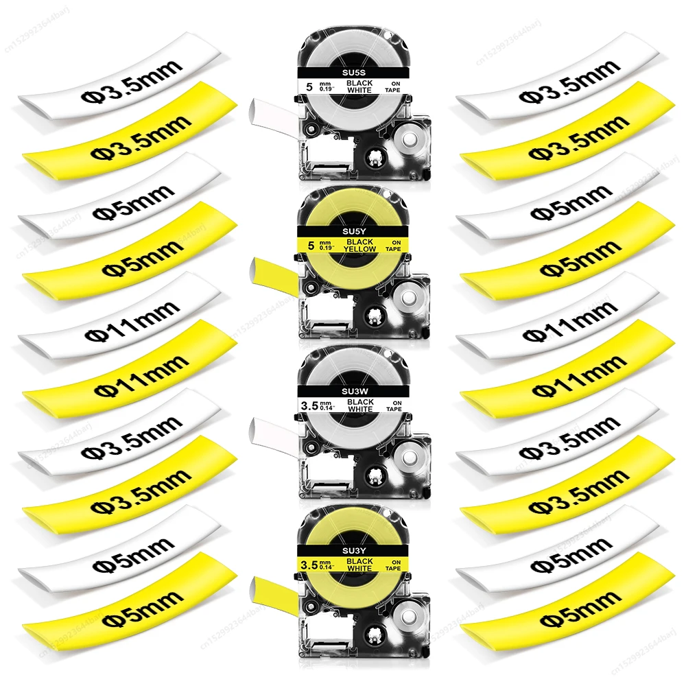 

Термоусадочная трубка SU5S, совместимая с Epson SU5S, 3,5/5/11 мм, SU3W, SU11S, черная на белом, для принтеров этикеток Epson LW300, LW400 (1 шт.)