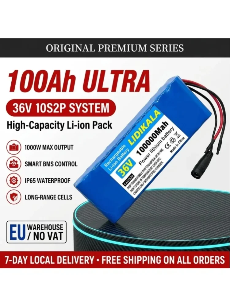 36V 10S2P 100000mAh Lithium-Akku 500W, wiederaufladbarer Lithium-Ionen-Akku mit integriertem BMS, kompatibel mit 42V-Ladegerät für Elektroroller und modifizierte E-Bikes