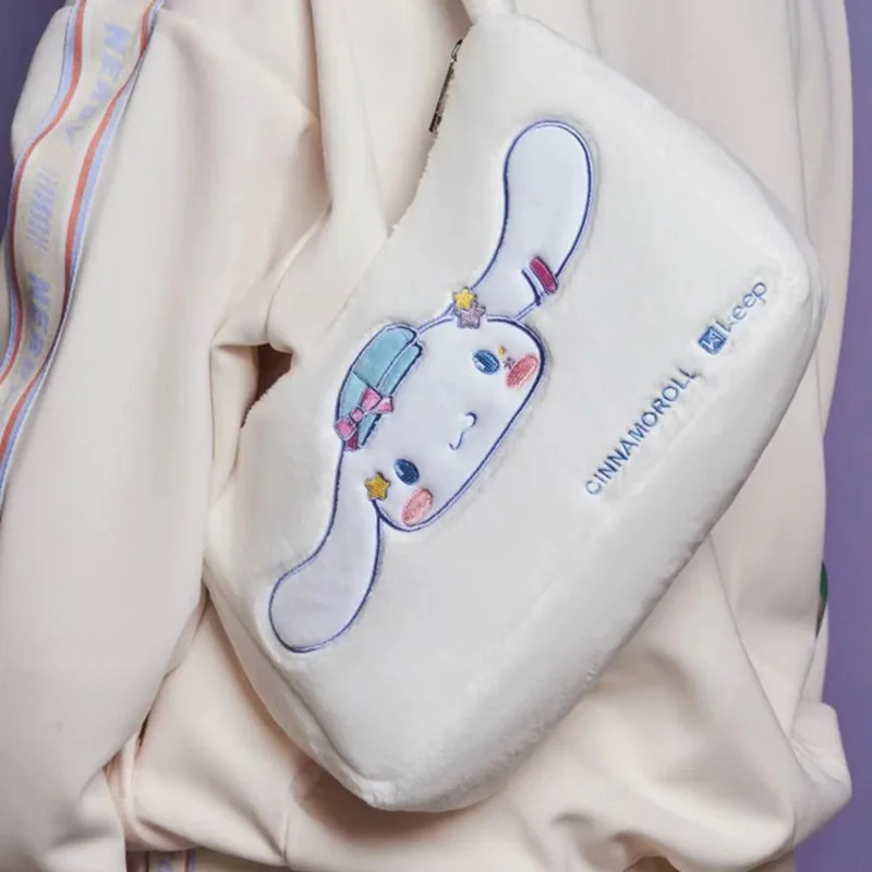 Cartoon Sanrio Cinnamoroll Plush Handbag Kawaii White Cinnamoroll Fluffy Shoulder Bag Girls Women 2023 Half Moon Handbag Gifts