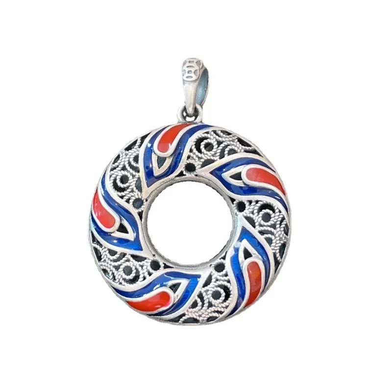 Ethnic Style Hollow Out Blue Red Enamel 925 Silver Round Pendant Vintage Simple Classic Necklace for Women Fine Jewelry