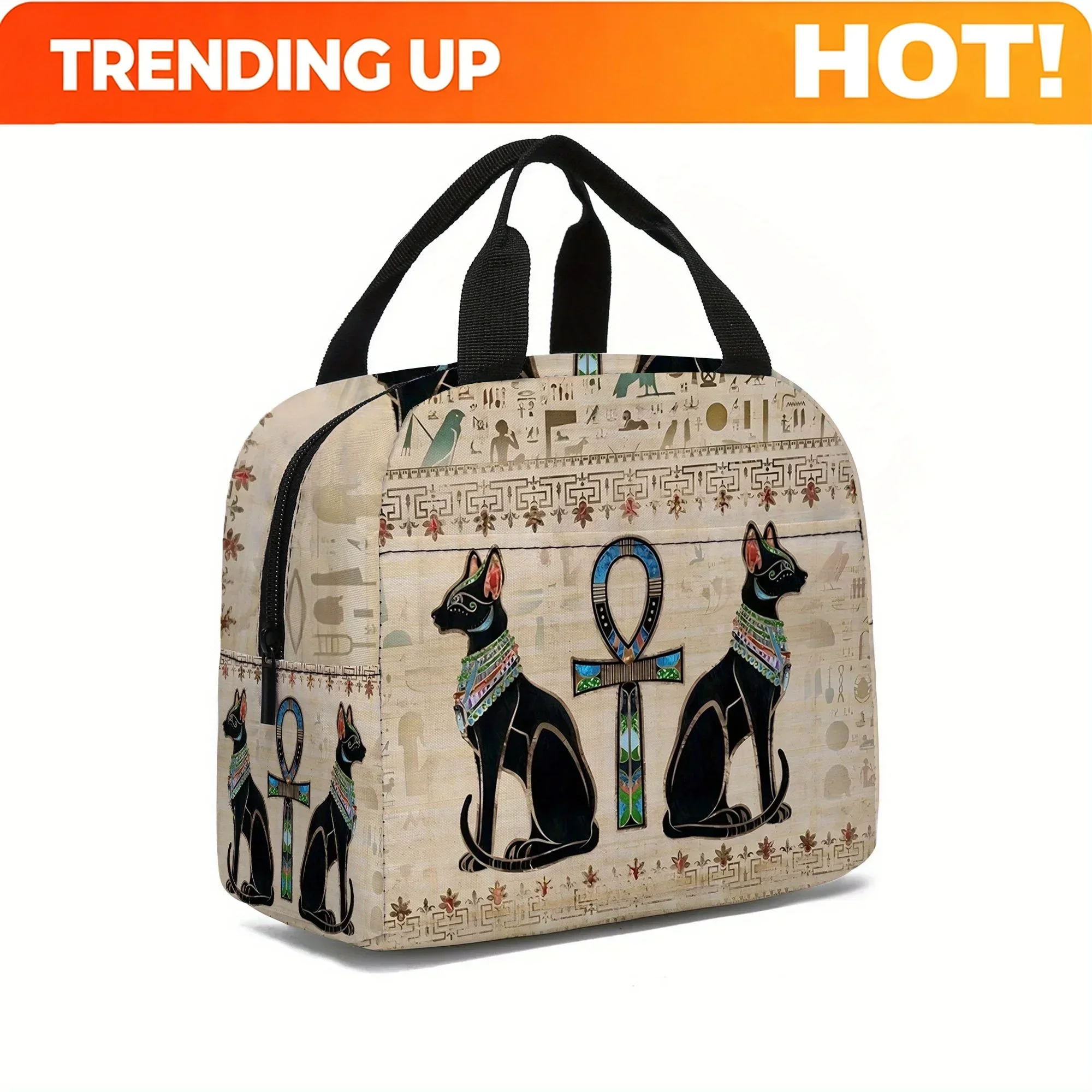 Custom Bag Custom Retro Egyptian Cat Design Lunch Carrier, Thermal Tote, Convenient Travel Bag, Insulated Lunch Box For Various