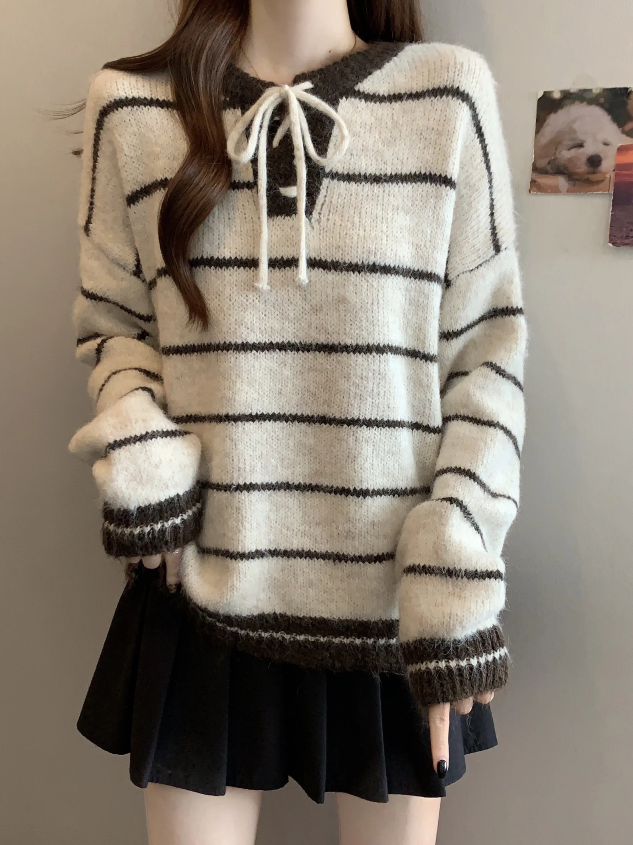 

Slimming Stripe Knitted Base irt Sweater Women's Spring Autumn Loose ort Sle Top Warm Long Sve round Ne Knitwear