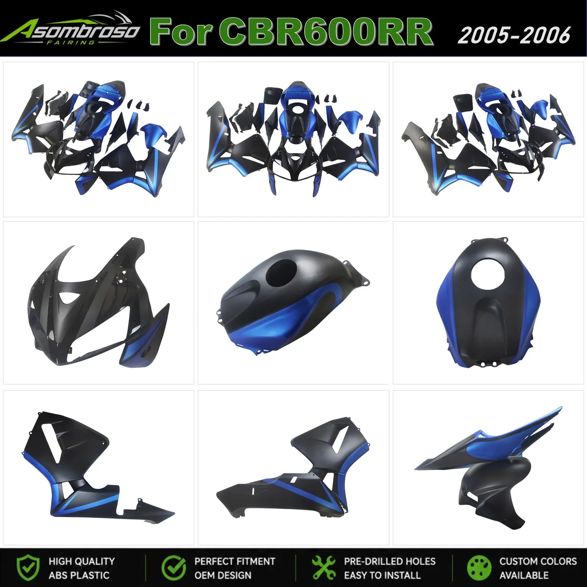 Für Honda CBR600RR 2005-2006 Komplette Verkleidungen ABS-Karosserie-Kit Motorrad-Paneel-Set Sportbike-Teile |   Mattblau Schwarz