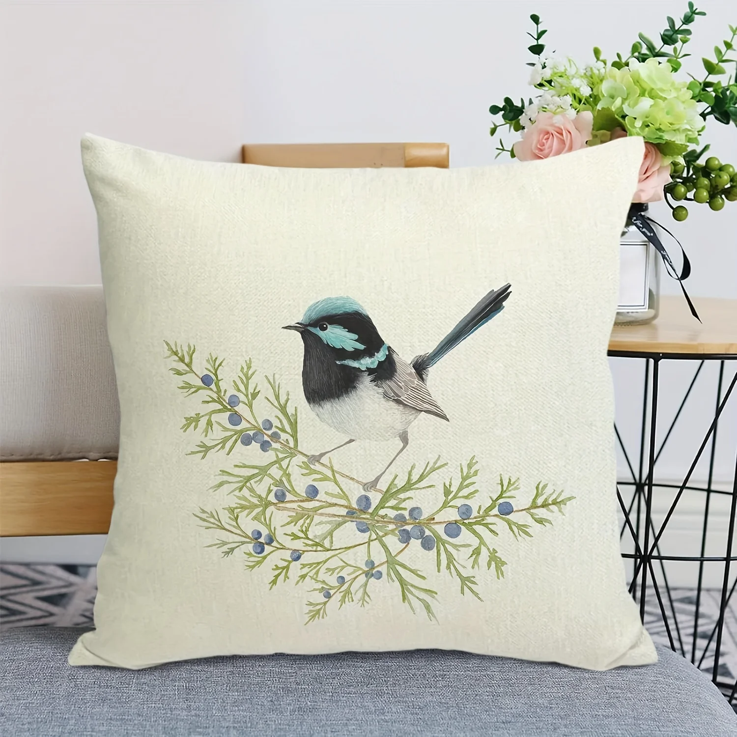 Blue Wren Bird Throw Pillow Cover Watercolor Botanical Floral Print Decorative Cushion Case for Nature Lover Home Decor Gift