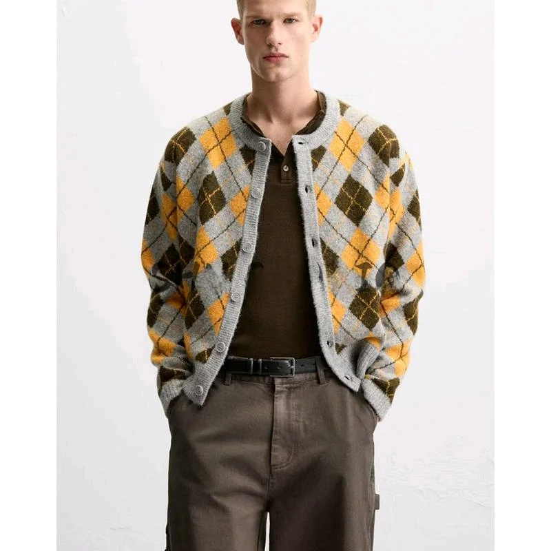 Cappotto maglione lavorato a maglia lungo Sve rotondo Ne da uomo nuovo primaverile con motivo a diamanti ricamato vestibilità ampia casual per giovani