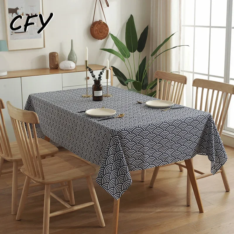 

Cotton Linen Japanese Hefeng Retro Wave Pattern Printing Rectangular and Round Tablecloth Pendant Tea Table Pad Meal Cloth