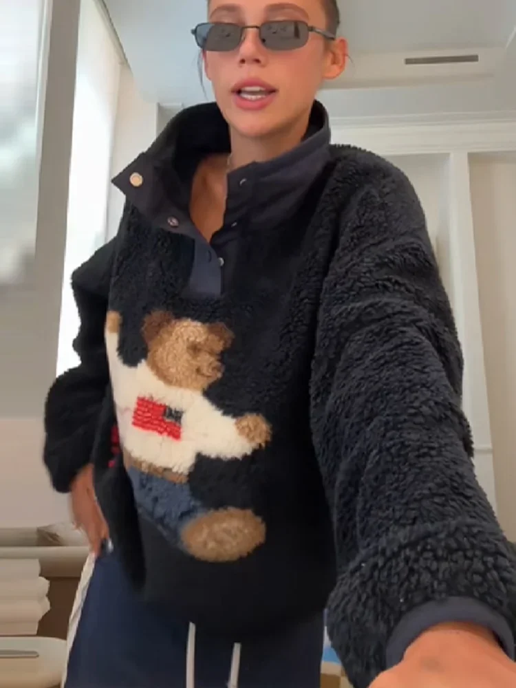 

Casual Cartoon Bear Printed Lamb Jacket for Women Fashion Stand Neck Full Sleeve Button Loose Overcoat Winter Lady Daily Outwear