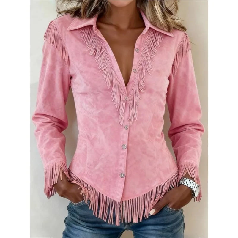 Women's Shirt Collar Tassel Jacket Coat Long Sleeve Western Retro Single-breasted Spring Autumn Short Coat Streetwear Outwear