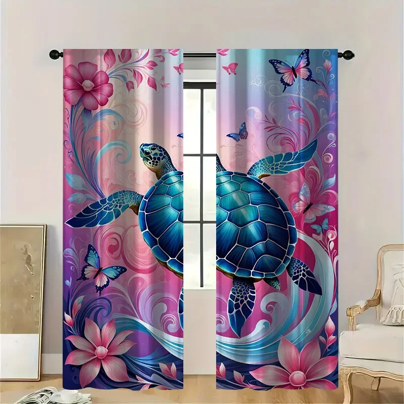 

2pcs Sea Turtle Dream Curtains with Rod Pocket, Pink Lotus & Butterfly Sheer , Serene Ocean Theme for Bedroom Decor