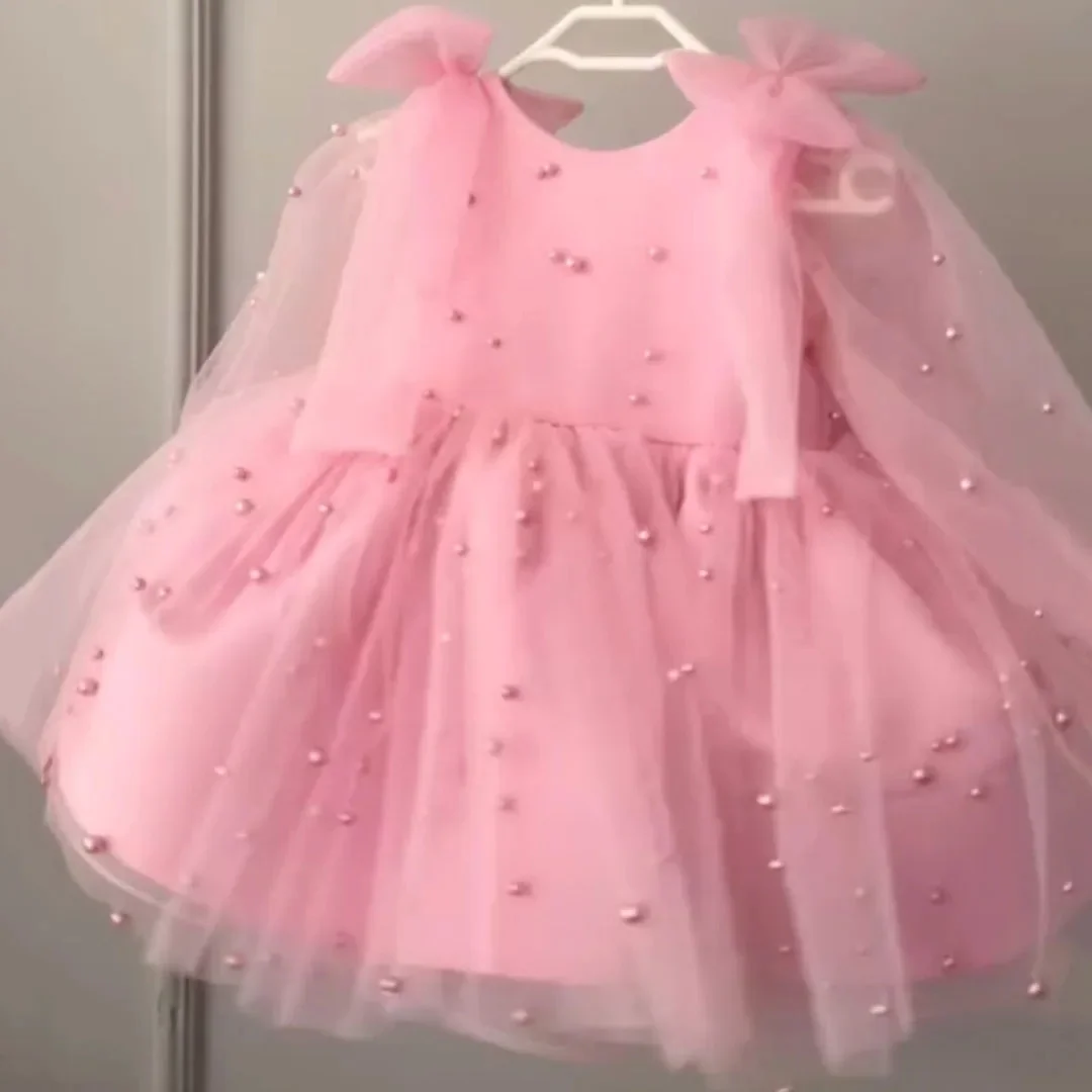 Apliques de encaje blanco personalizados para boda y cumpleaños, vestido de niña con flores rosas, cinturón con lazo, manga corta para fiesta, vestido de comunión