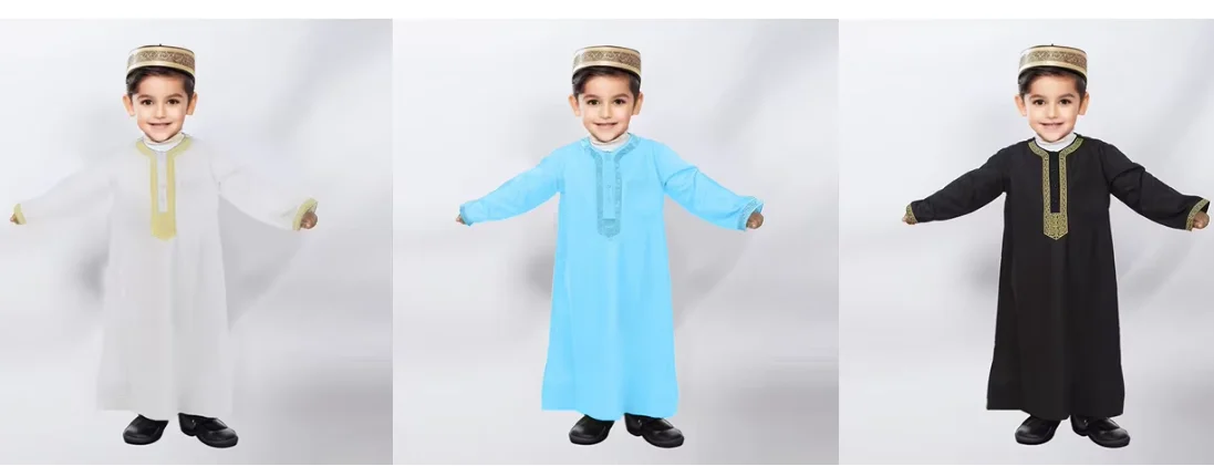 Autumn New Collection for Boys and Girls Aged 2-14, Middle Eastern Arabian Long Dress with Exquisite Gold Patterns on the Collar