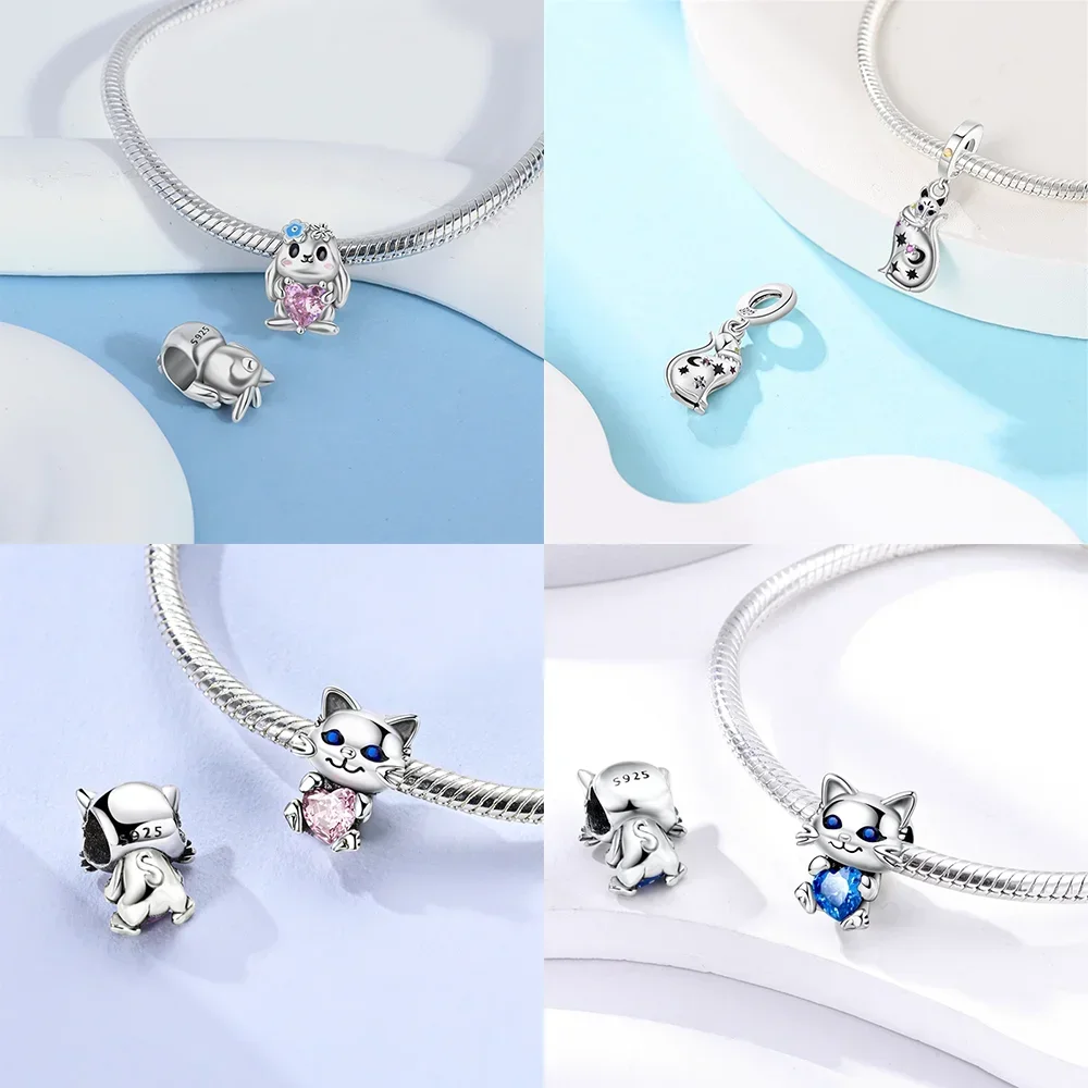 Cute Magic Hat Rabbit Holding Heart and Red Snake 925 Sterling Silver Charm Beads Fit Original Bracelet for DIY Making Jewelry