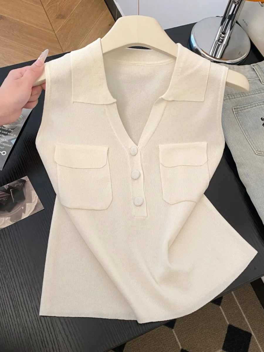 

Trendy Silk Knitted Svel Vest Collared Women's Top Korean Sle Commute Faion ort Length Pure Color Summer New Arrival