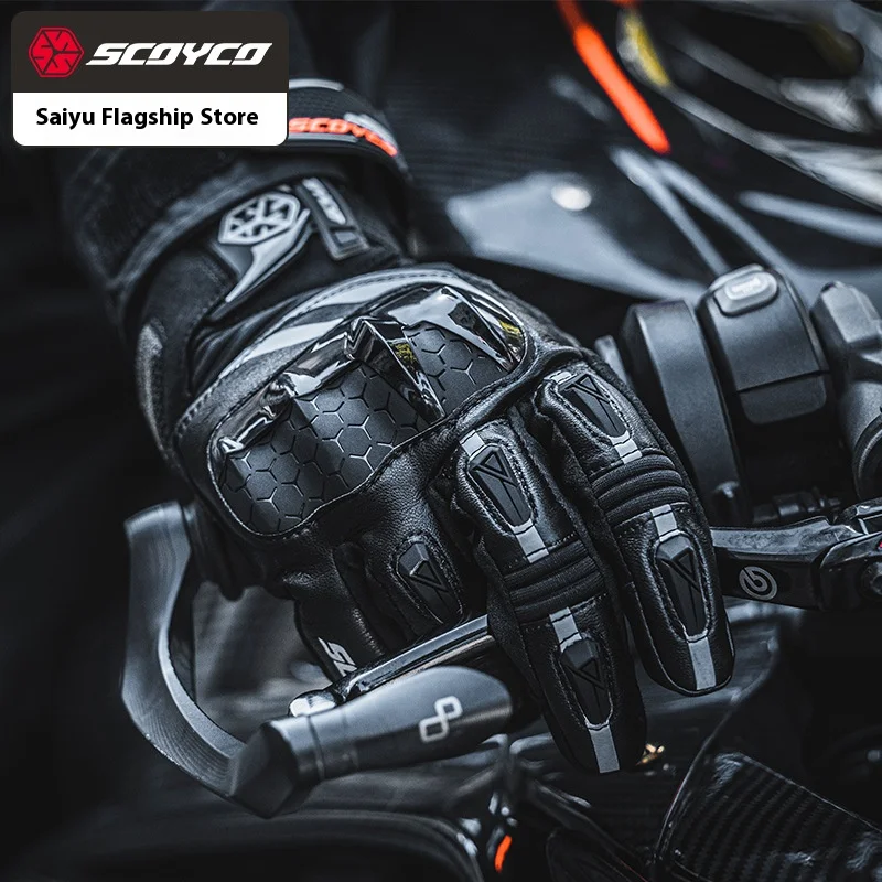 Scoyco Leather Motorcycle Gloves Men's Windproof Outdoor Riding Motocross Gloves Touch screen Motociclismo Protective Equipment