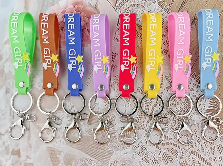 New cartoon rainbow soft rubber hand strap letter English leather rope key ring