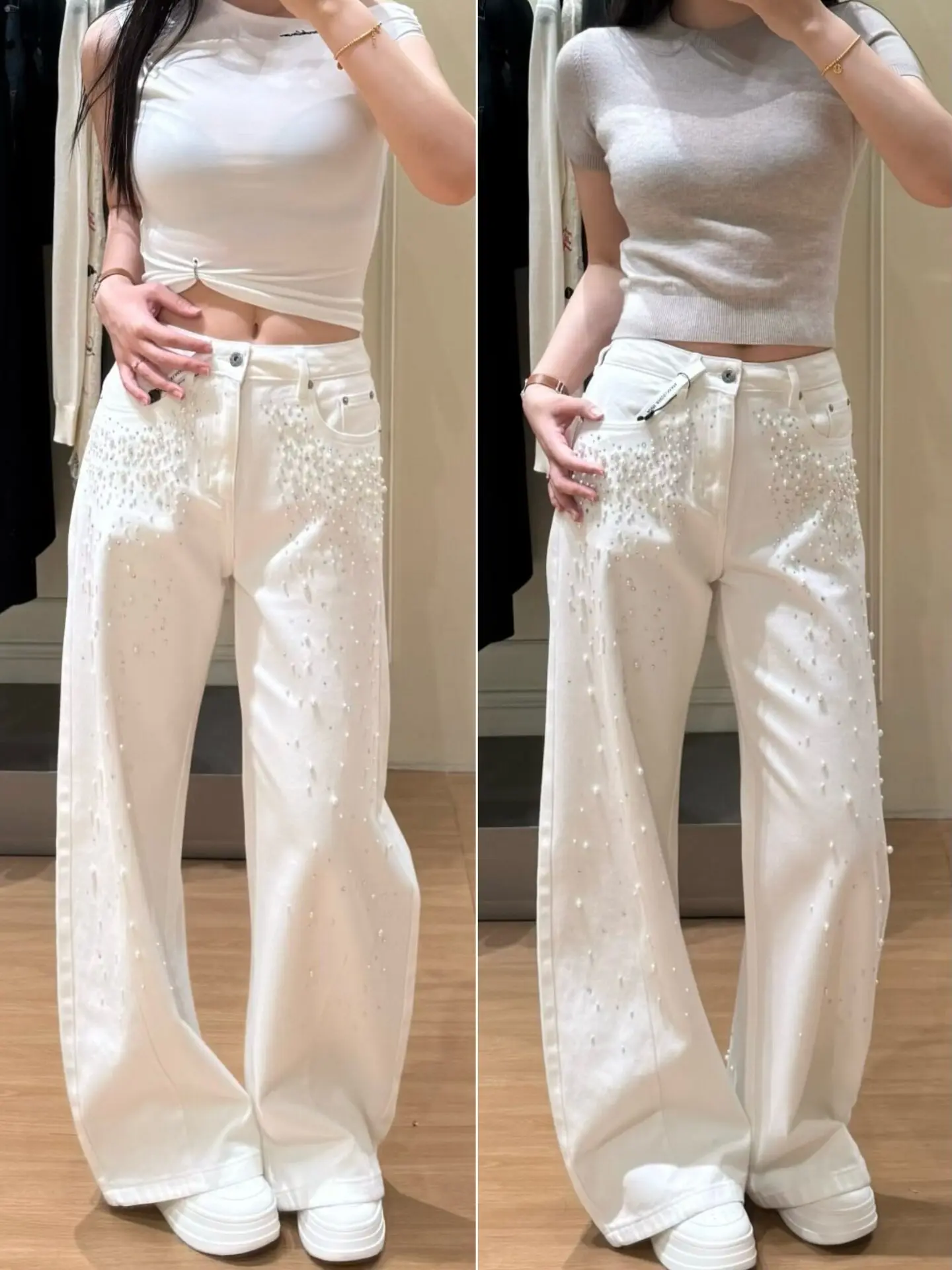 Premium Women's Loose Wide Leg Jeans Heavy Embellished Pearl Washed Denim Spring Summer New Arrival by Nan You