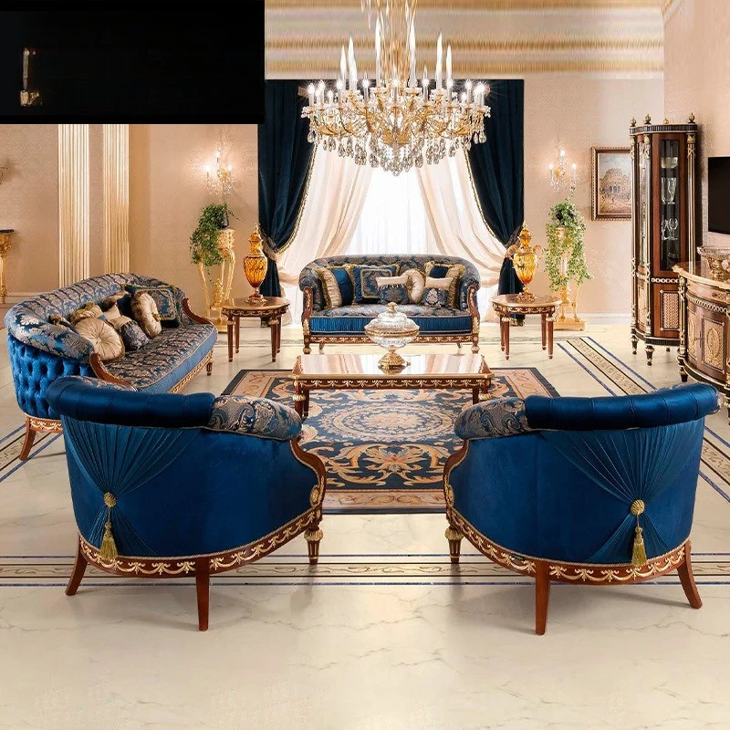 

European fabric sofa coffee table combination Italian living room large apartment sofa mahogany carved sofa furniture