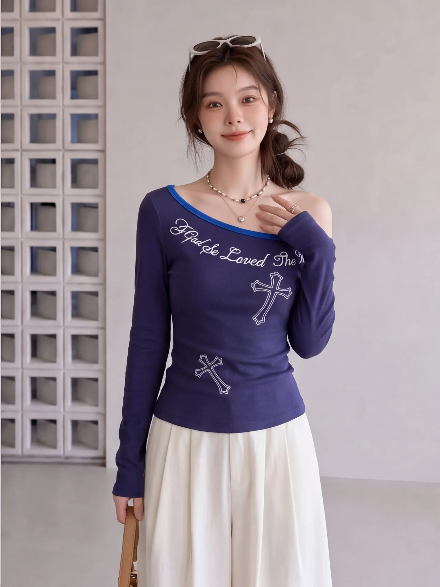 Slim Fit Long Sleeve Shoulder Bared T-Shirt Women's Style Commute American Hot Girl Short Base Layer Top City Walk Ladies