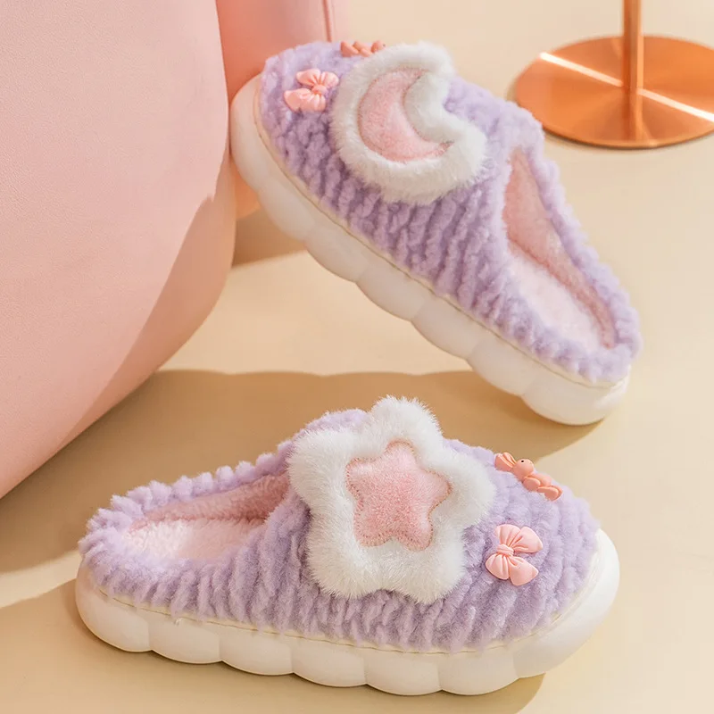 Winter Women's Slippers Cute Stars and Moon Cartoon Fluffy Slippers Non-slip House Slides Women Warm Toe Wrap Home Cotton Shoes