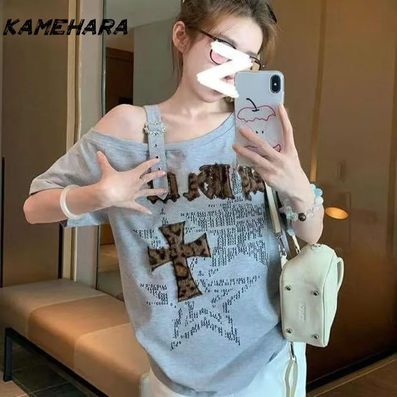 

KAMEHARA женские футболки с леопардовой вышивкой и короткими рукавами в американском стиле Spicy Girl, летний дизайн, утягивающий топ с плечами