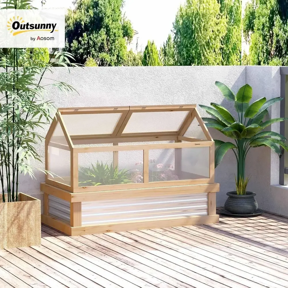 Elevated Garden Bed with Greenhouse, Wooden Cold Frame, Planter Cover, 48 x 24 x 32, Natural