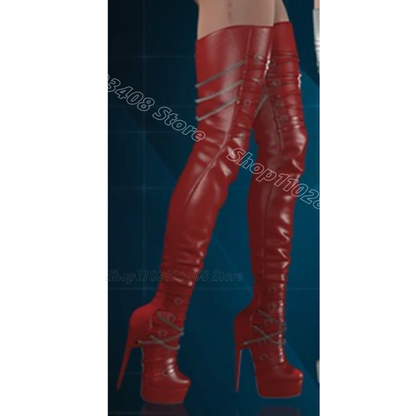 

Red Chain Decor Elastic Boots Round Toe Stiletto British Style Platform Party Over Knee Women Boots 2024 Zapatos Para Mujere