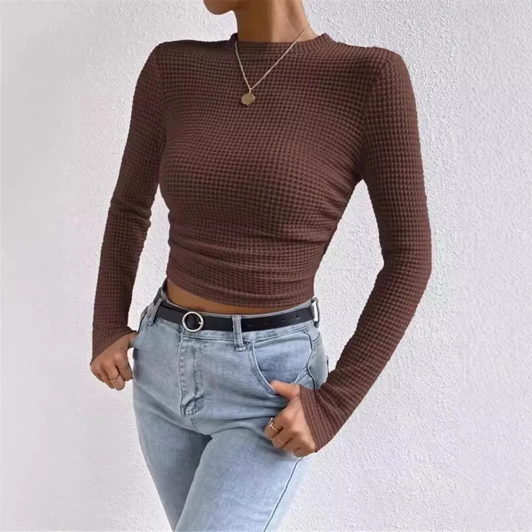 Slim Cropped T-shirt Tops  Women's Round Collar Long Sleeve Waffle Plaid