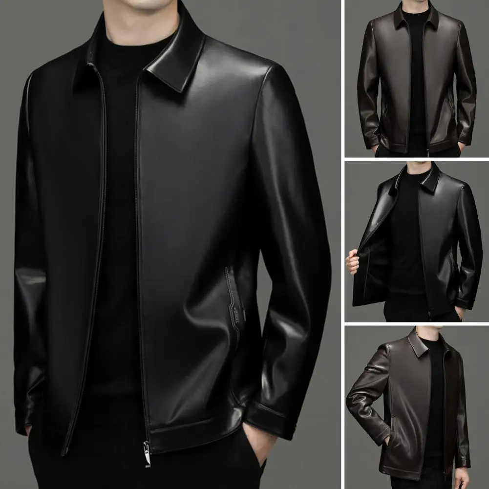 Men Jacket Stylish Men's Faux Leather Jacket with Zipper Placket Lapel Collar Regular Fit Short Style Coat for Street Outwear