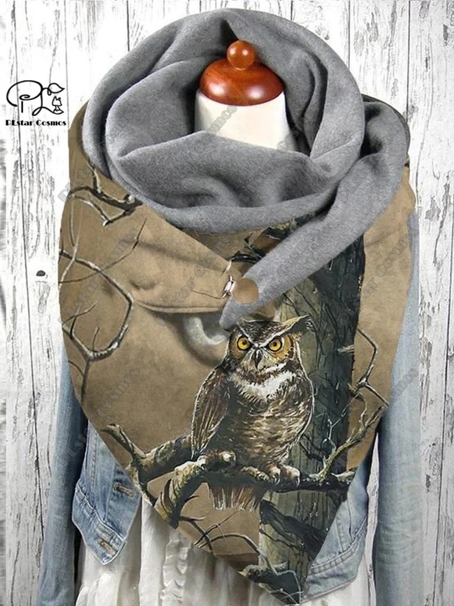 3D printed animal series cute owl pattern warm shawl scarf spring and winter large triangle scarf casual gift