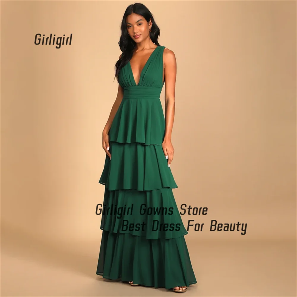 

Off-the-shoulder V-Neck Tiered Ruffles Prom Dresses With Split Pleated Corset Sleeveless Evening Gowns A-line Long Ball Gowns